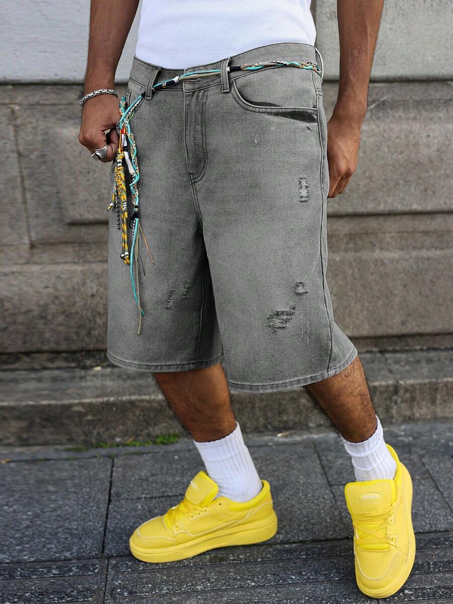 Men's Faded Light Blue Washed Loose Fit Vintage Casual Denim Jorts
