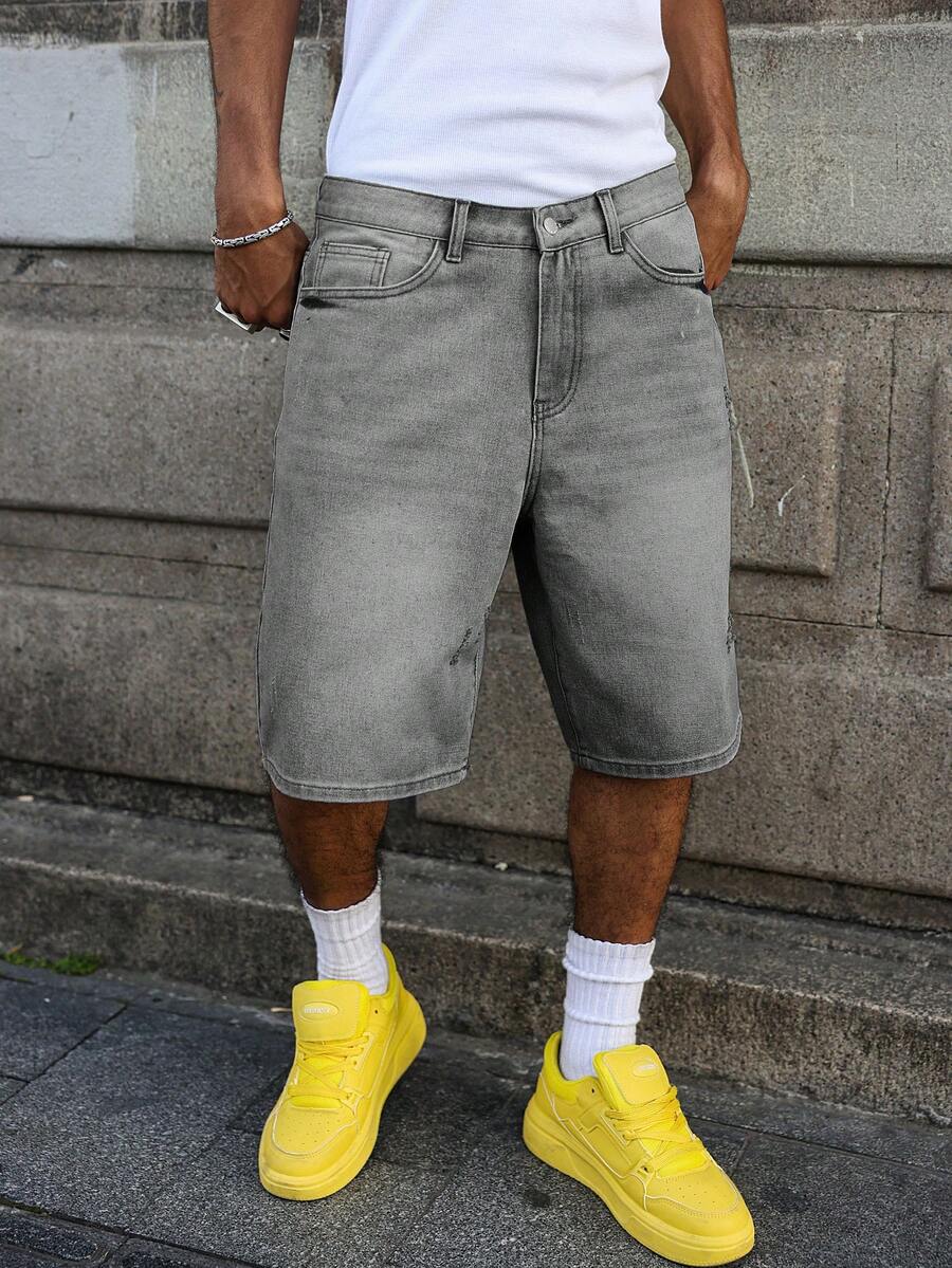 Men's Faded Light Blue Washed Loose Fit Vintage Casual Denim Jorts