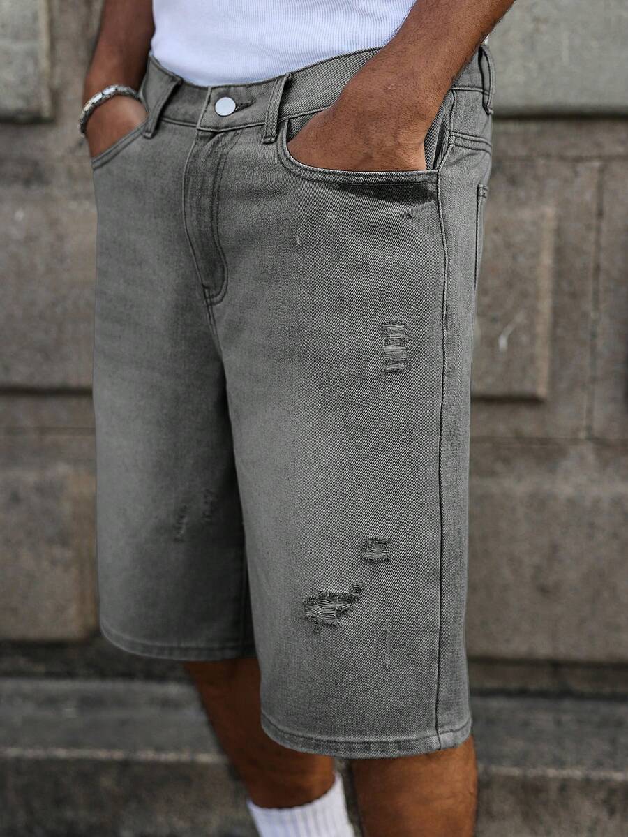 Men's Faded Light Blue Washed Loose Fit Vintage Casual Denim Jorts