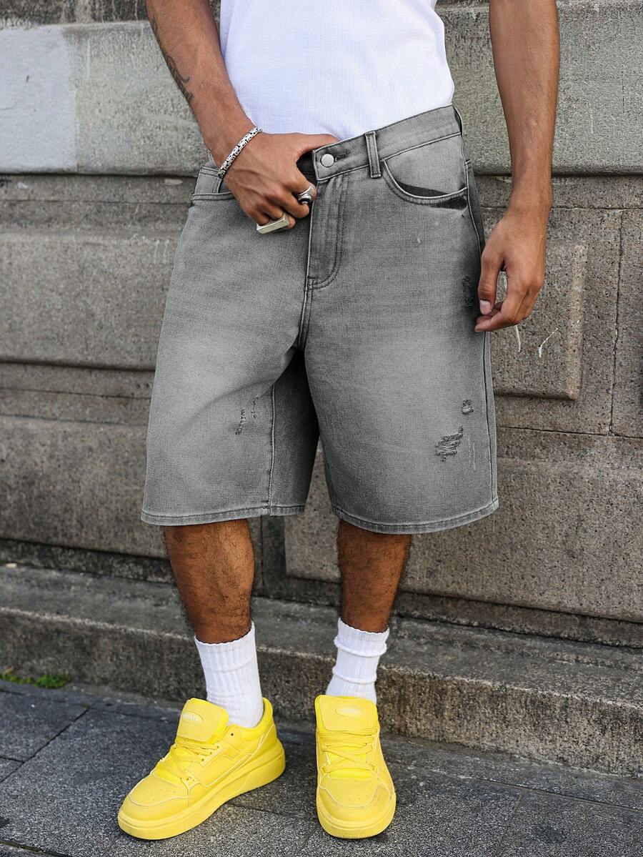 Men's Faded Light Blue Washed Loose Fit Vintage Casual Denim Jorts