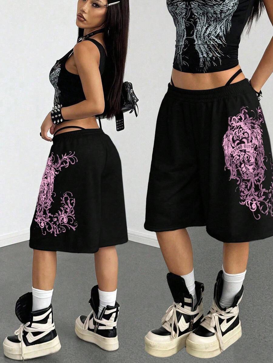 Women's Loose Fit Punk Print Capri Pants