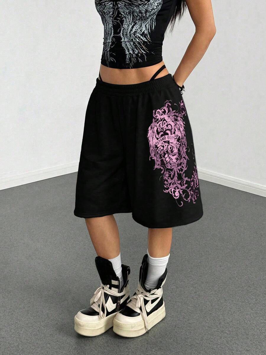 Women's Loose Fit Punk Print Capri Pants