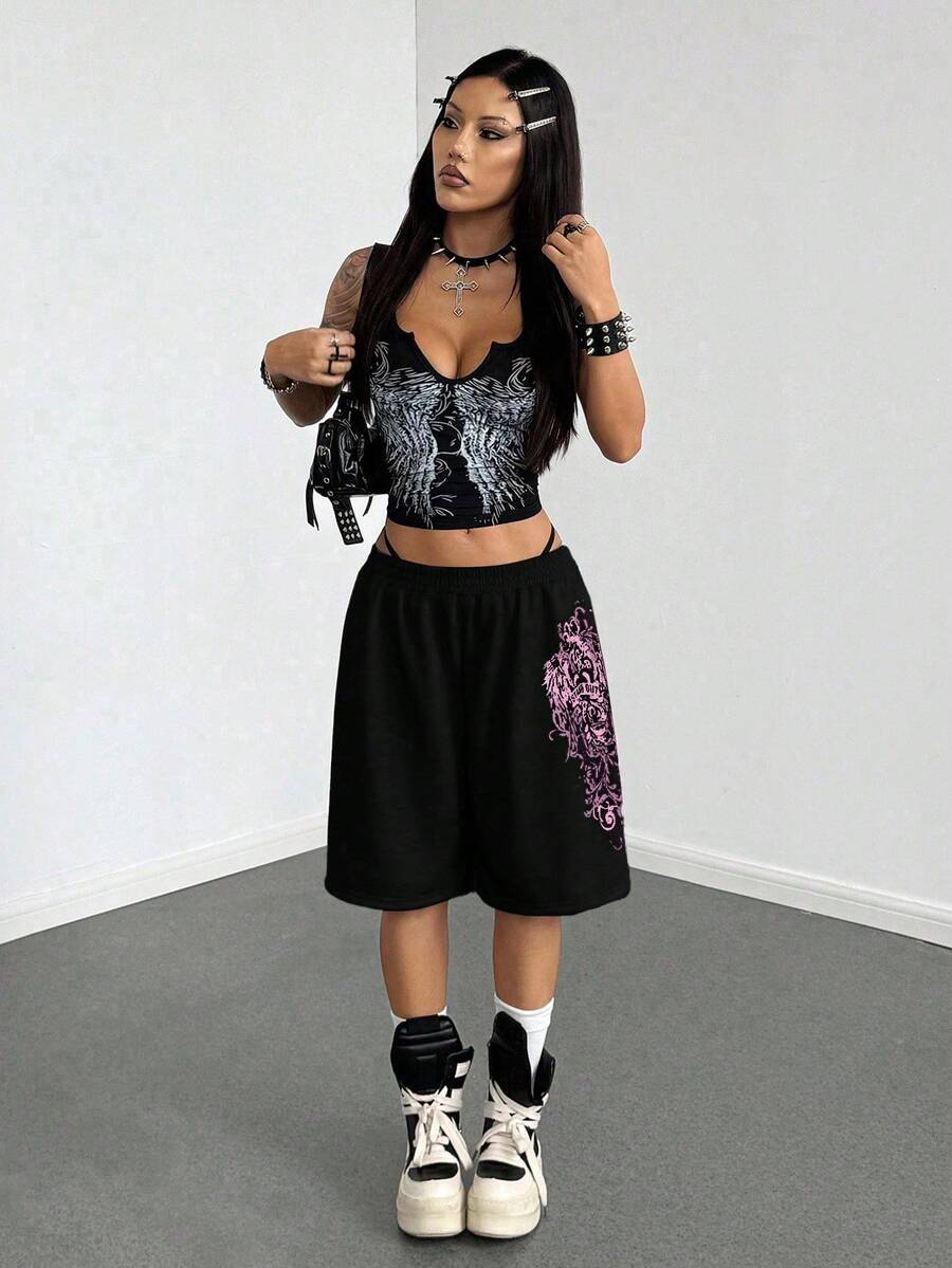 Women's Loose Fit Punk Print Capri Pants