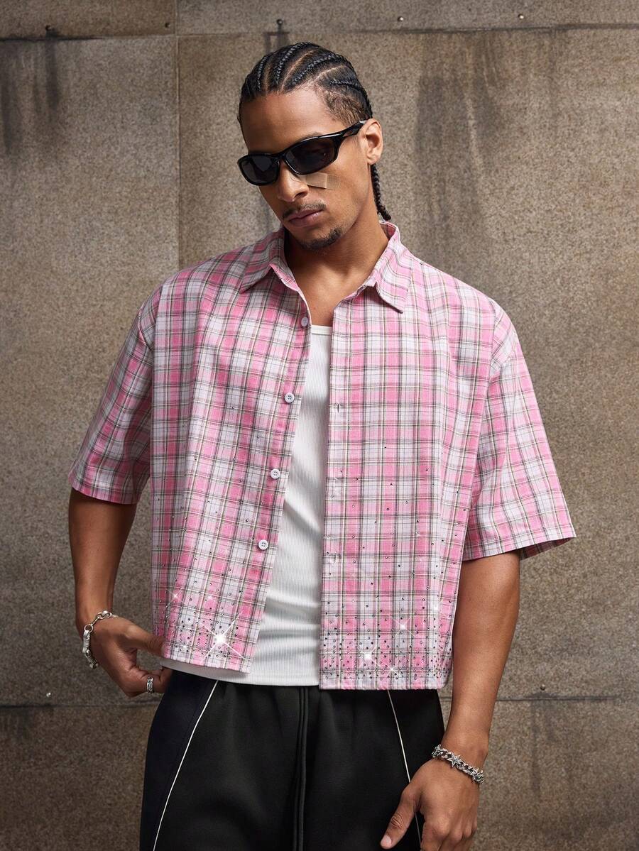 Men's Plaid Woven Short Sleeve Cropped Shirt