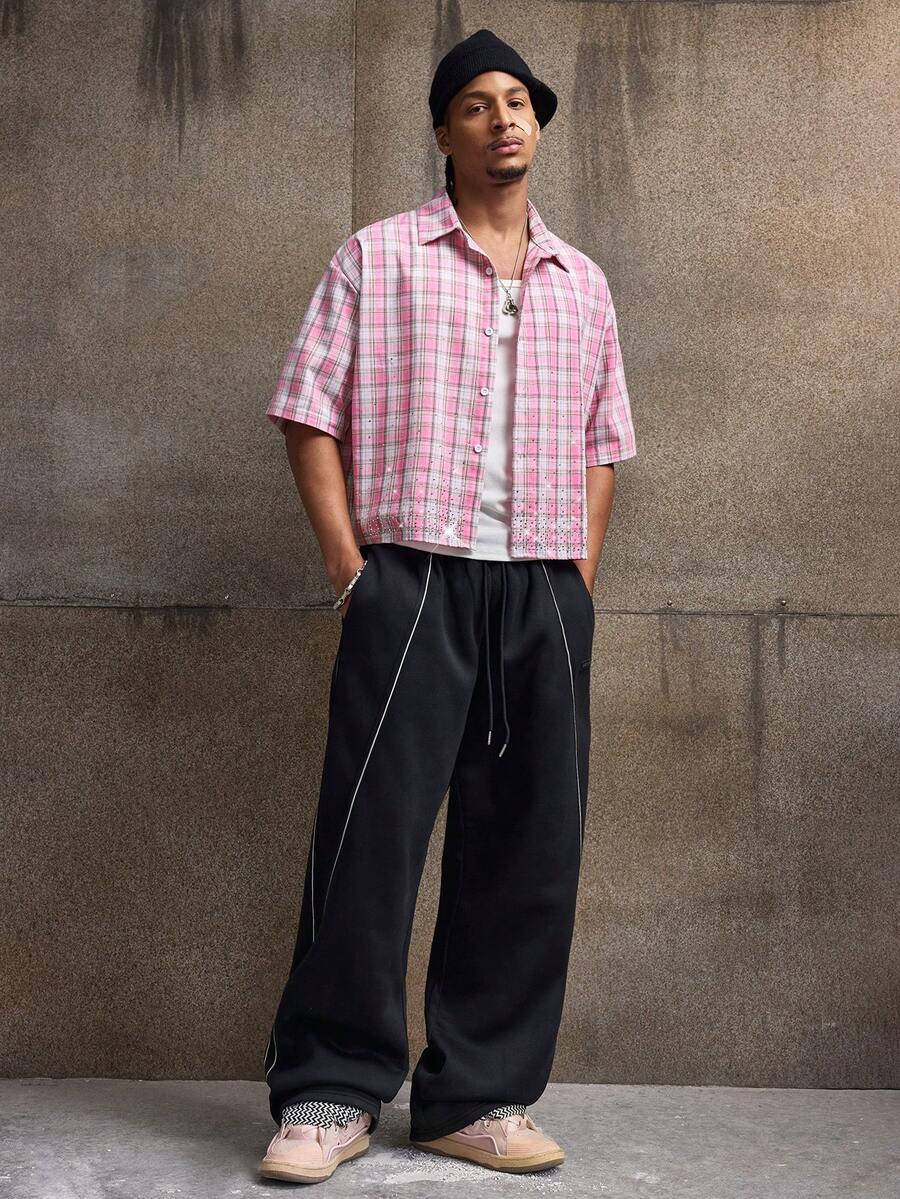 Men's Plaid Woven Short Sleeve Cropped Shirt