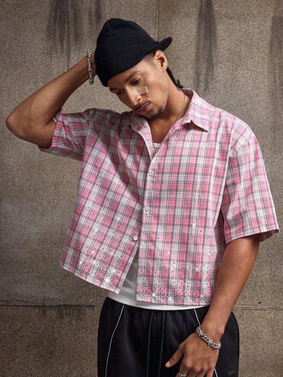 Men's Plaid Woven Short Sleeve Cropped Shirt