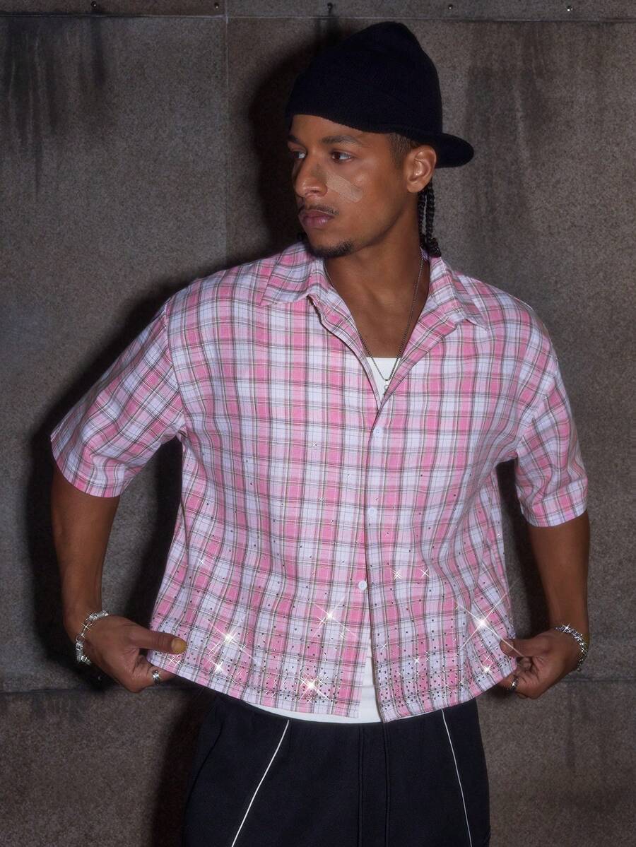 Men's Plaid Woven Short Sleeve Cropped Shirt