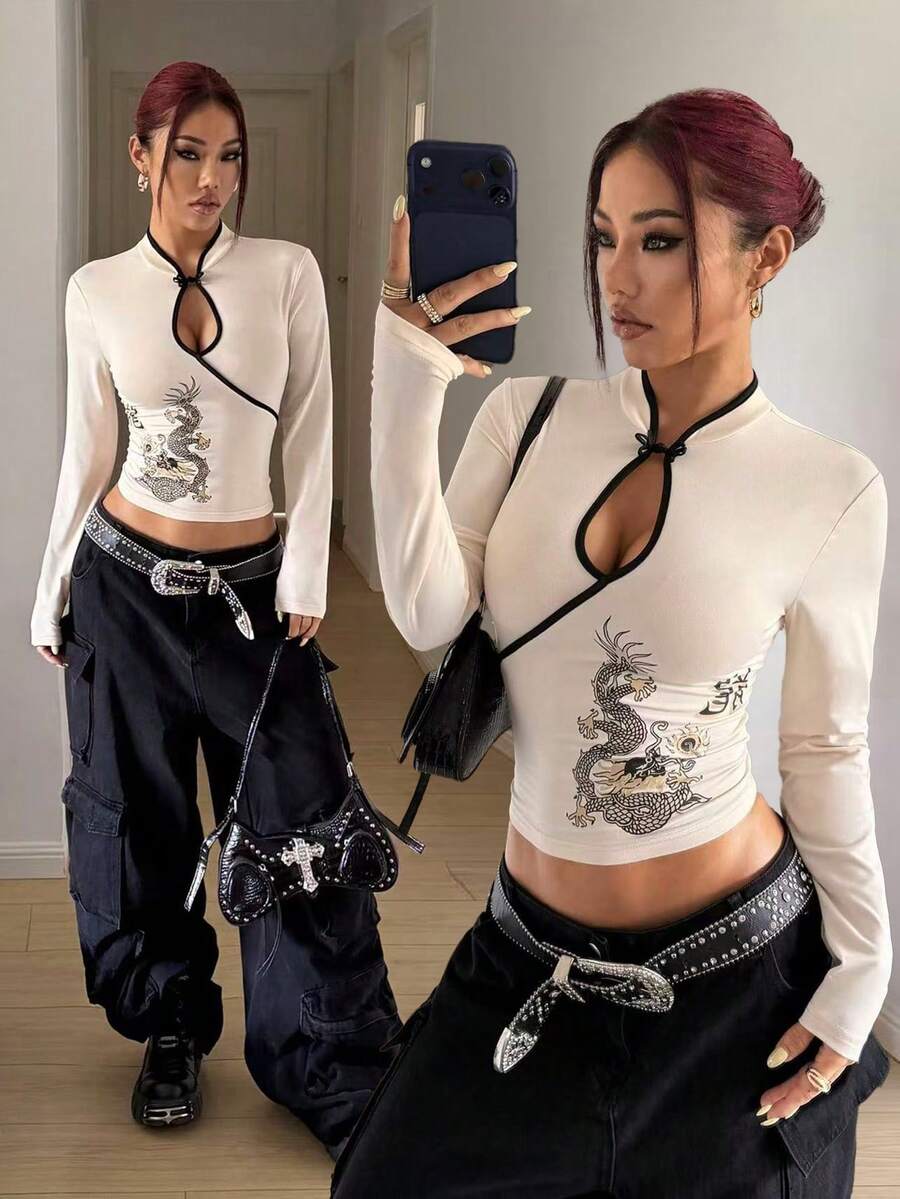 Women's Apricot New Chinese Style Dragon Print Slim Fit Y2K Retro Stand Collar Long Sleeve T-Shirt