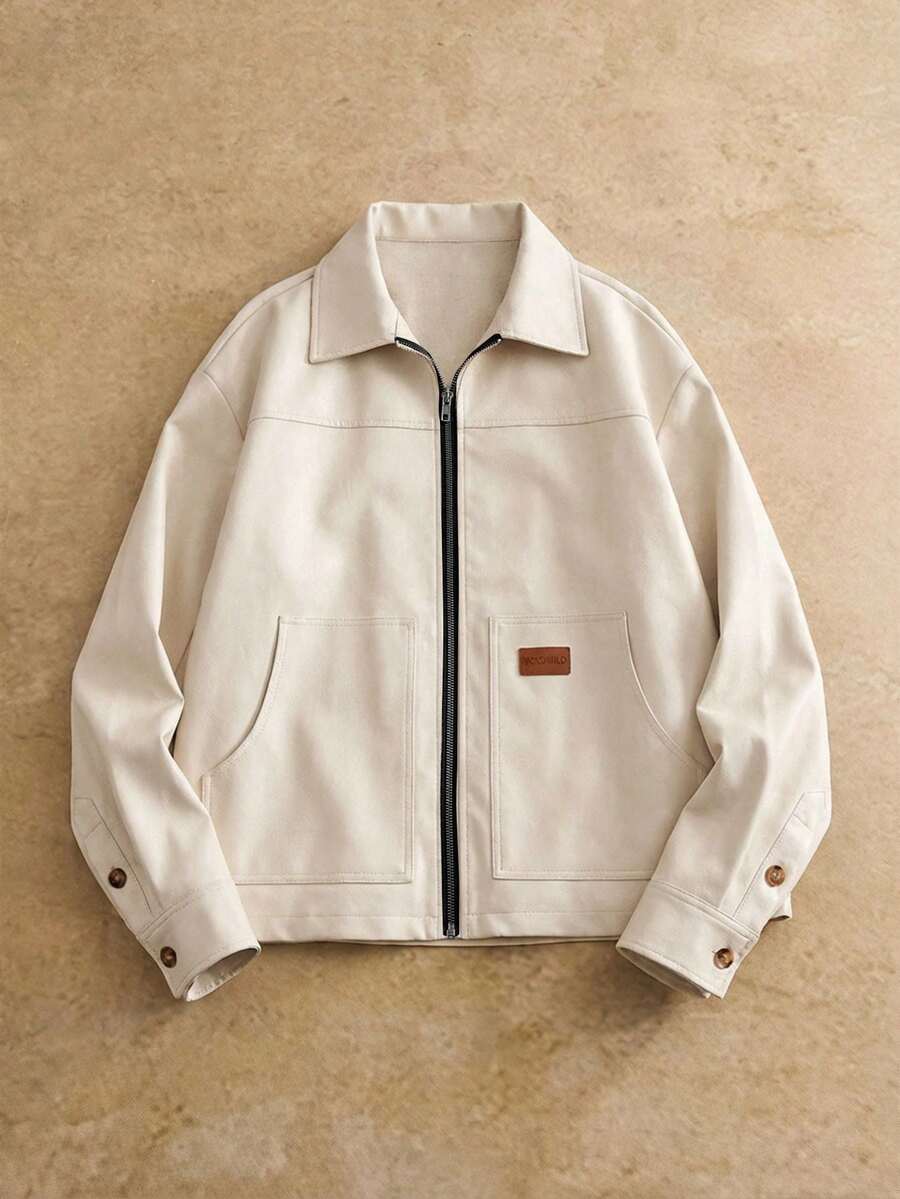 Men's Long Sleeve Casual Woven PU Leather Jacket