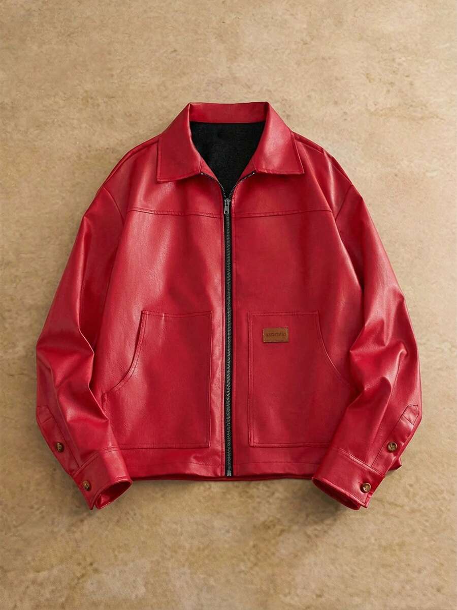 Men's Long Sleeve Casual Woven PU Leather Jacket