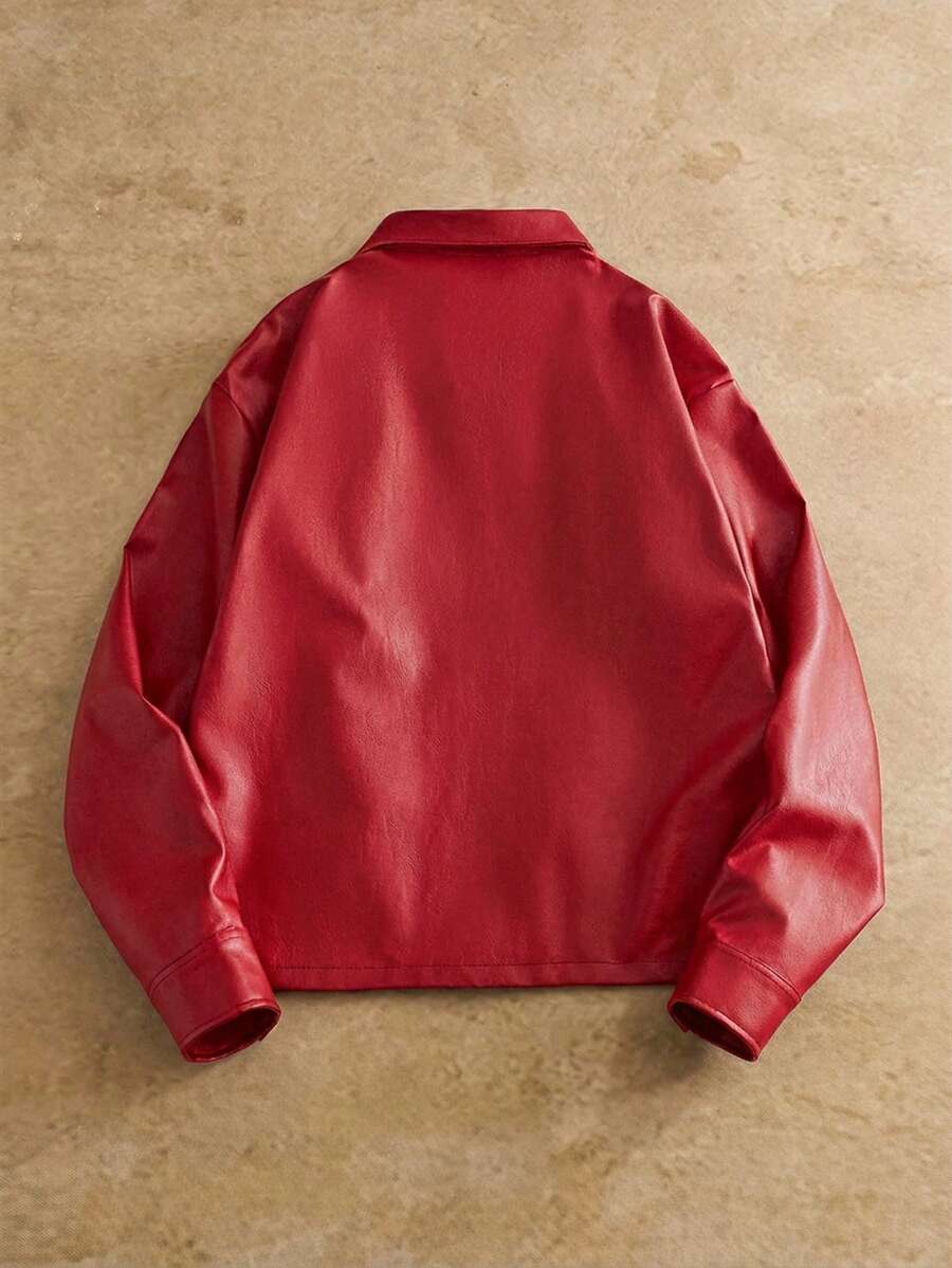 Men's Long Sleeve Casual Woven PU Leather Jacket