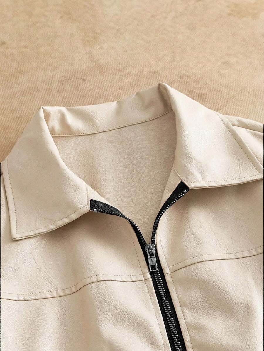 Men's Long Sleeve Casual Woven PU Leather Jacket