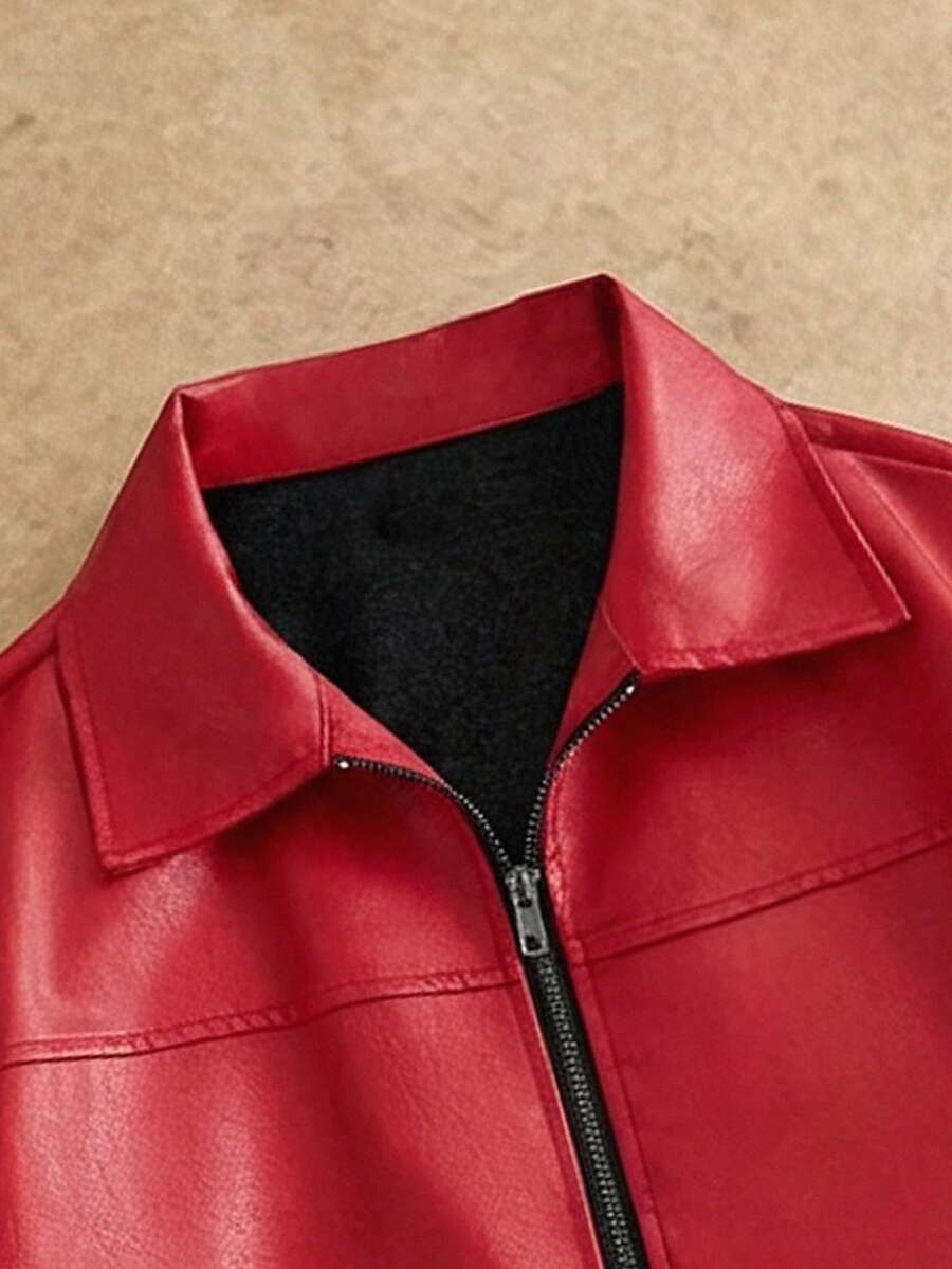 Men's Long Sleeve Casual Woven PU Leather Jacket