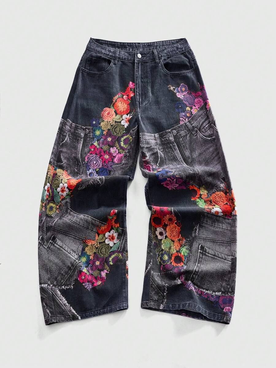 Floral Patchwork Curved Blade Jeans