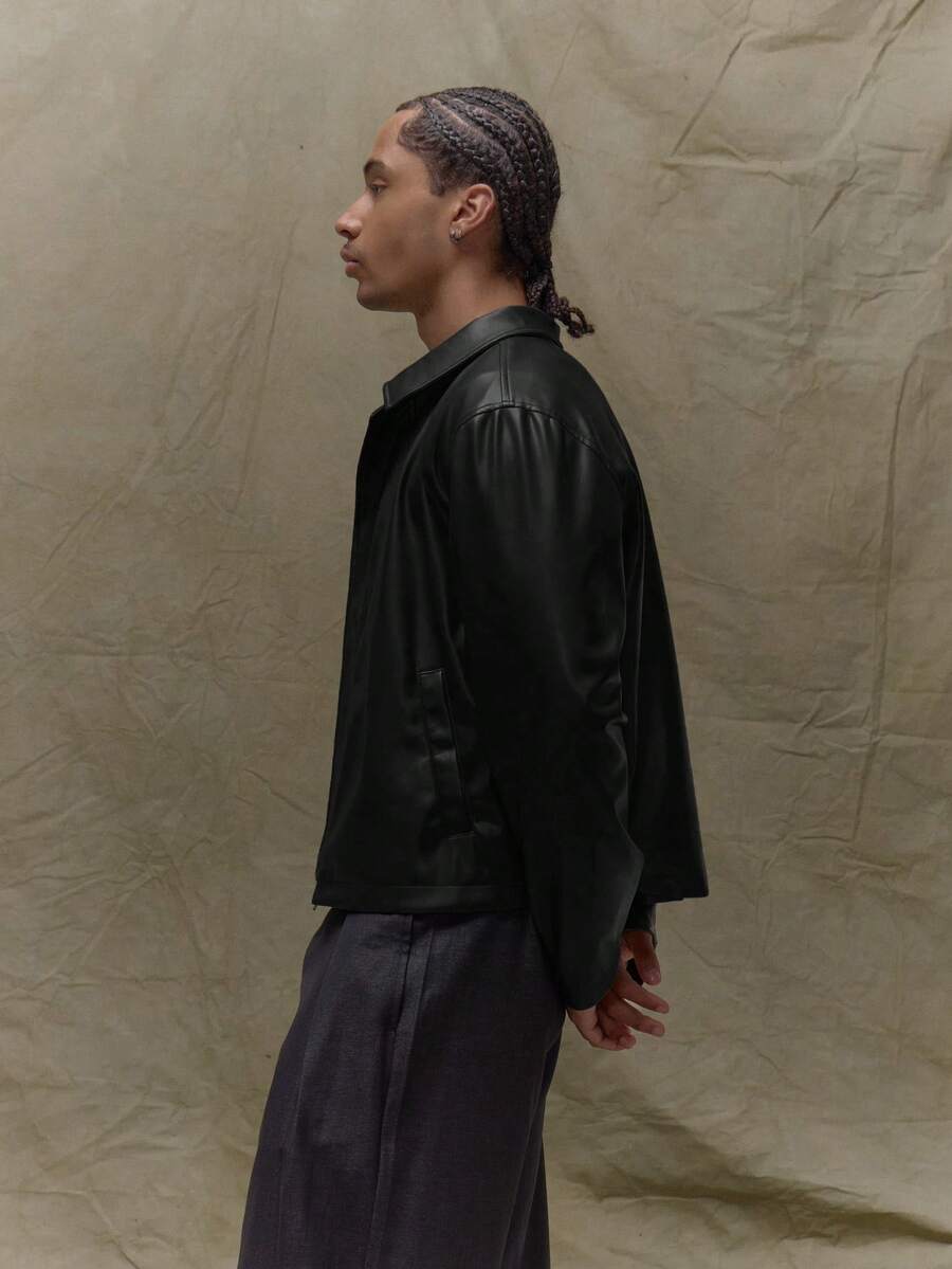 Boxy Fit Leather Long Sleeve Leather Jacket