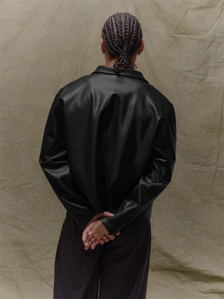 Boxy Fit Leather Long Sleeve Leather Jacket