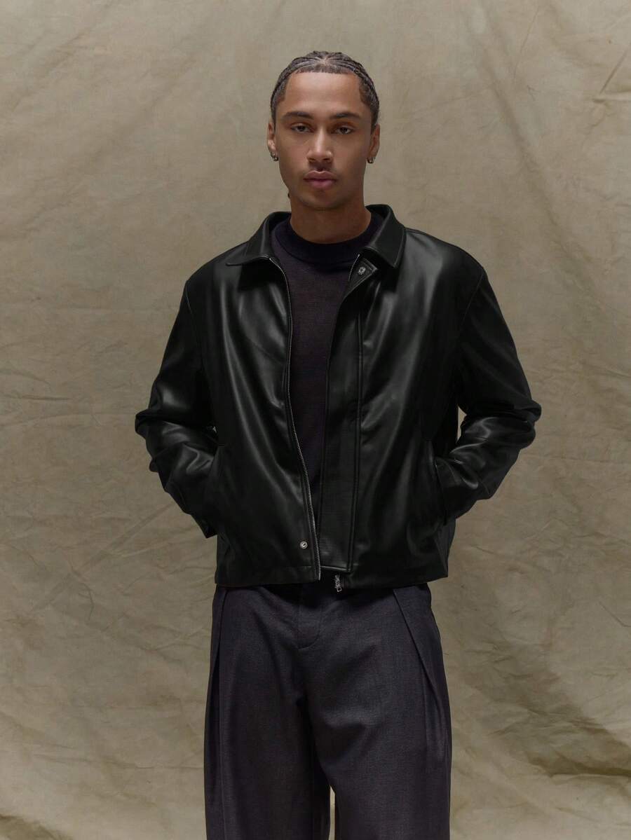 Boxy Fit Leather Long Sleeve Leather Jacket