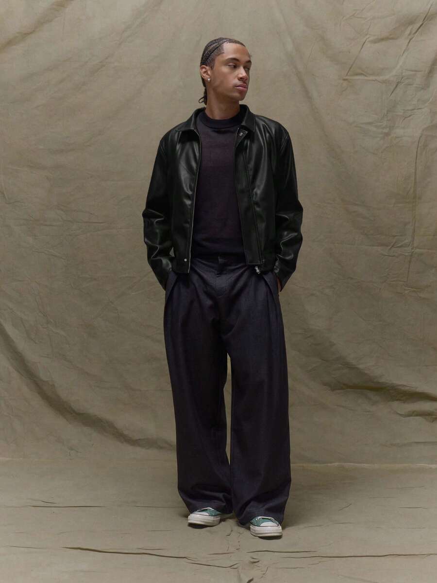 Boxy Fit Leather Long Sleeve Leather Jacket