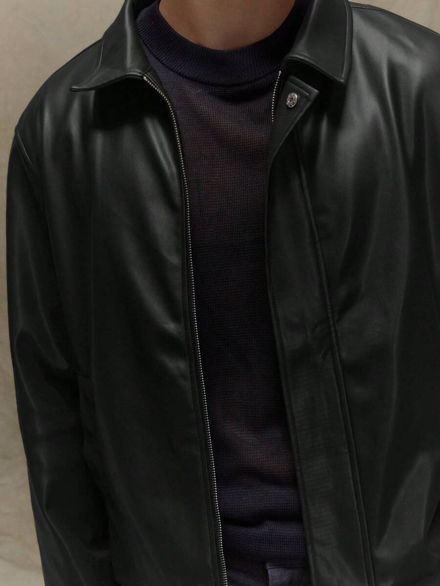Boxy Fit Leather Long Sleeve Leather Jacket