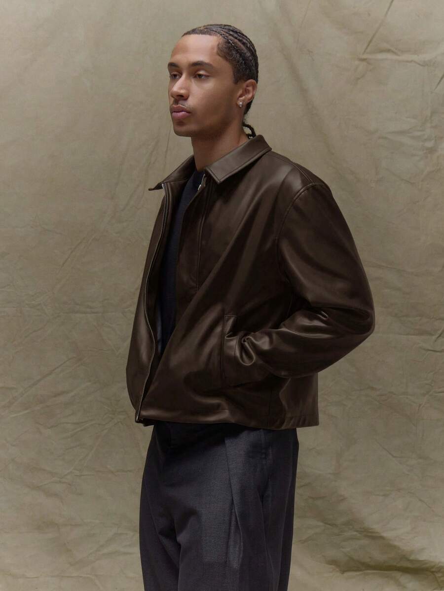 Boxy Fit Leather Long Sleeve Leather Jacket