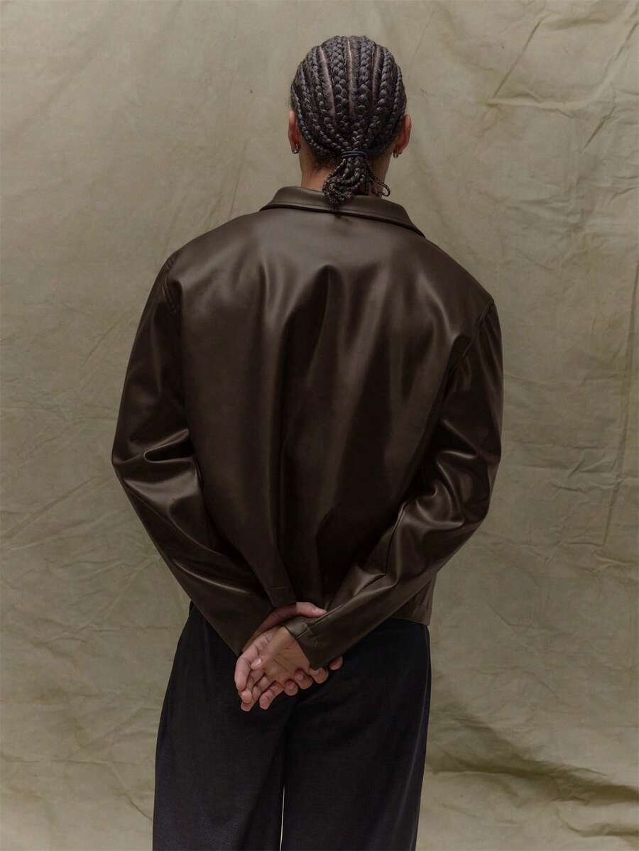Boxy Fit Leather Long Sleeve Leather Jacket
