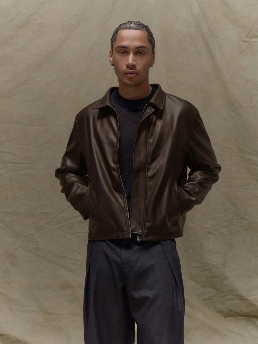 Boxy Fit Leather Long Sleeve Leather Jacket