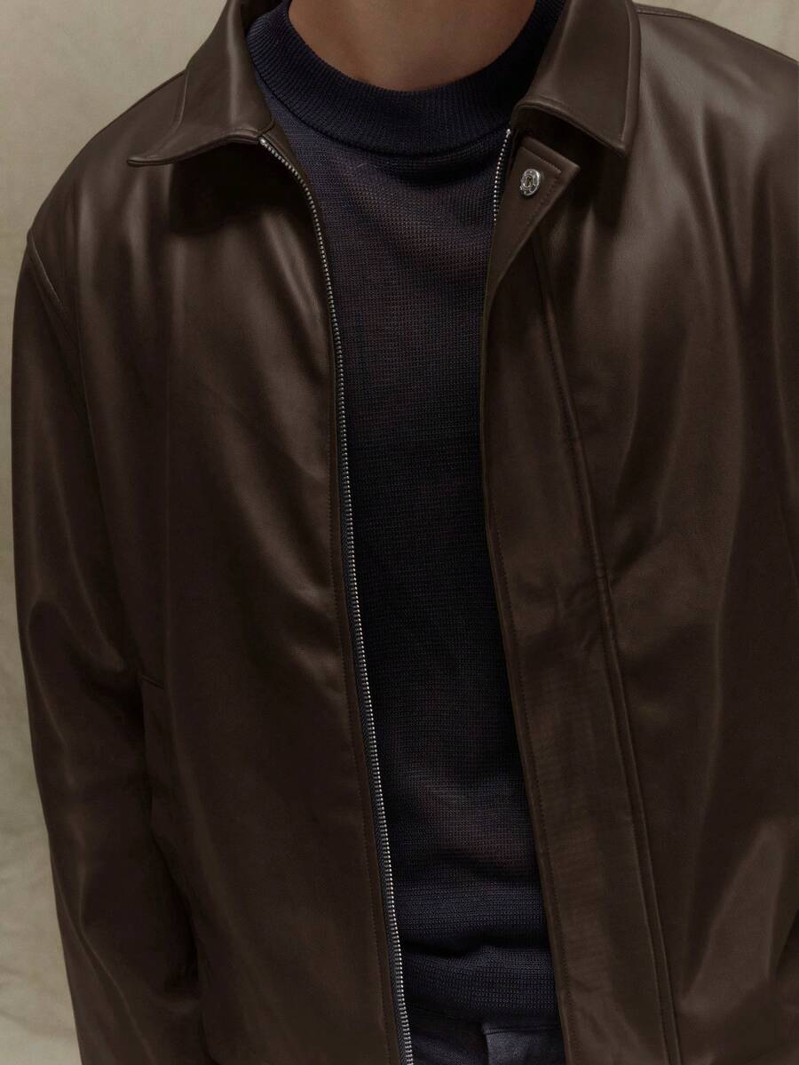 Boxy Fit Leather Long Sleeve Leather Jacket