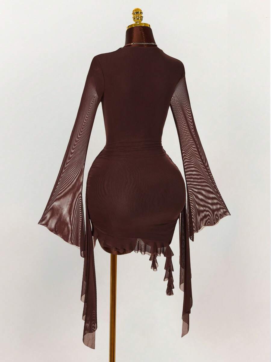Ruffle Halter Neck Mesh Mini Dress