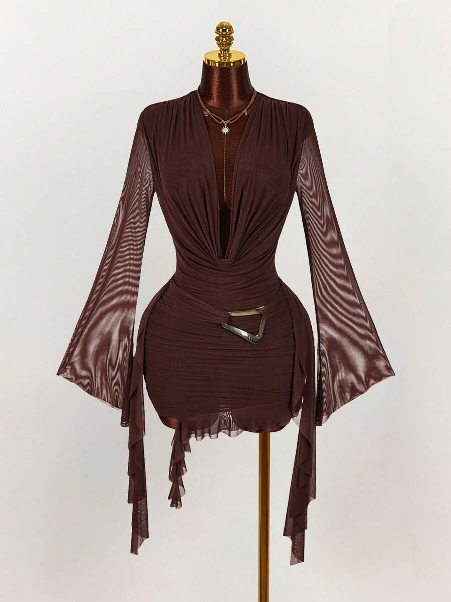 Ruffle Halter Neck Mesh Mini Dress