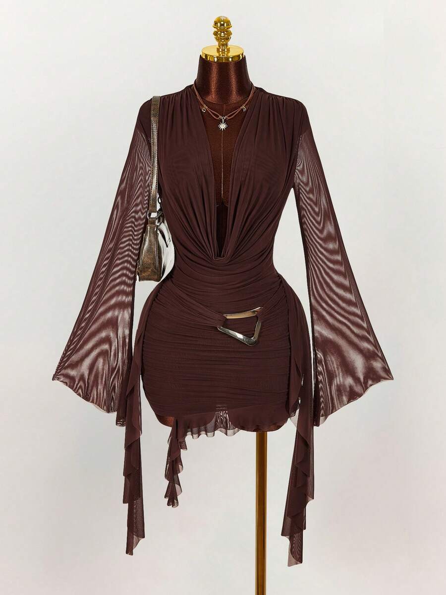 Ruffle Halter Neck Mesh Mini Dress