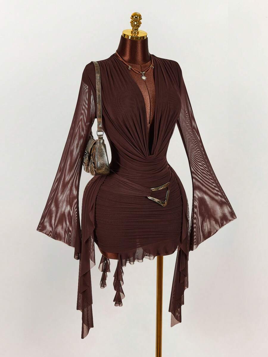 Ruffle Halter Neck Mesh Mini Dress