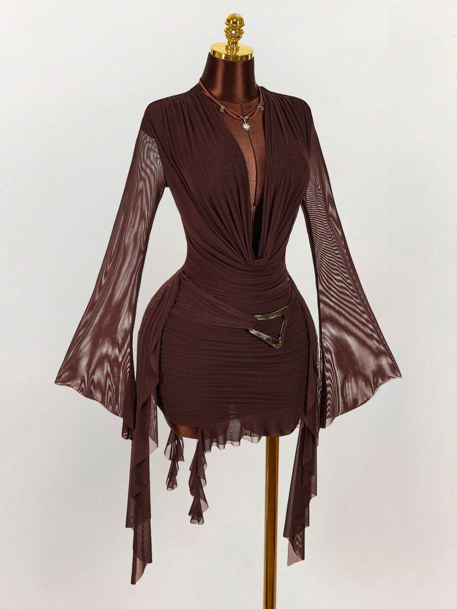 Ruffle Halter Neck Mesh Mini Dress