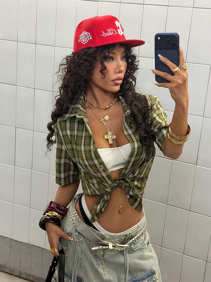 Women Crooped Zip Pocket Short Sleeve Shirt