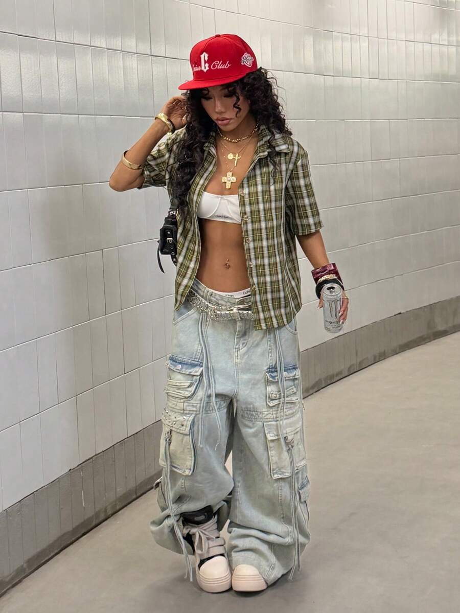 Women Crooped Zip Pocket Short Sleeve Shirt