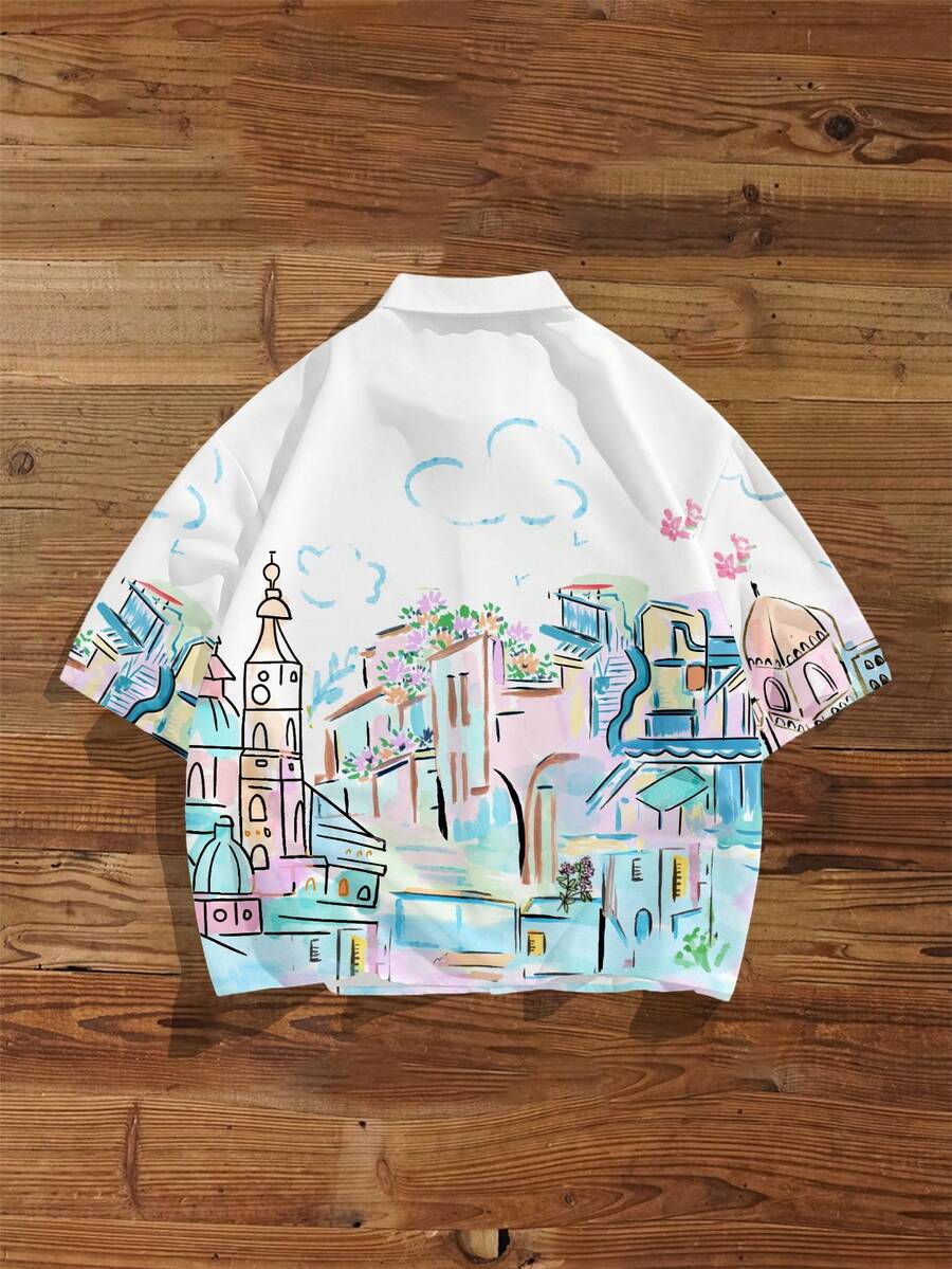 Men's Graffiti Print Loose Cropped Shirt