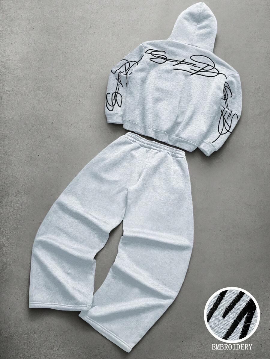 Cross Print Embroidered Hoodie Sweatshirt Set