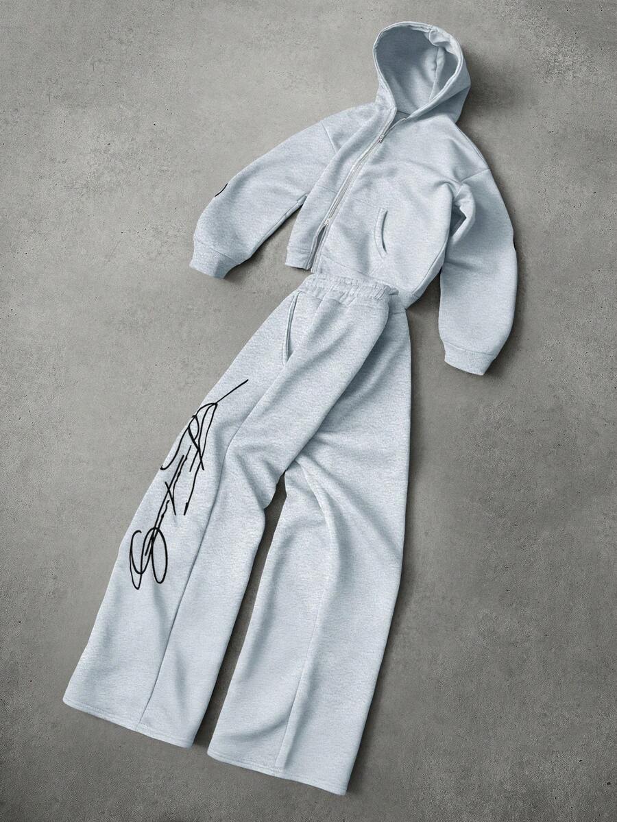 Cross Print Embroidered Hoodie Sweatshirt Set