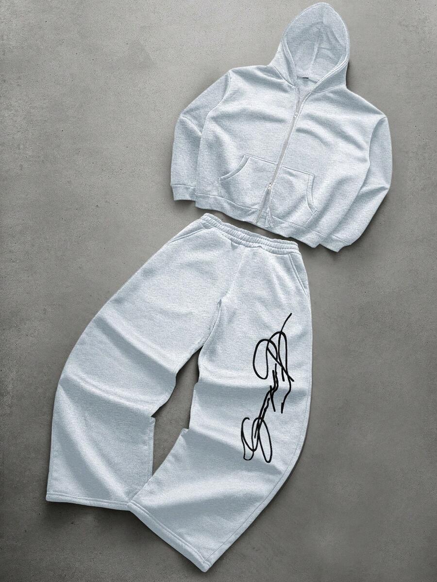 Cross Print Embroidered Hoodie Sweatshirt Set