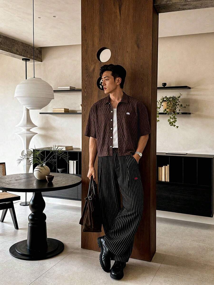 Men's Striped Print Fold Pleated Business Casual Dress Pants