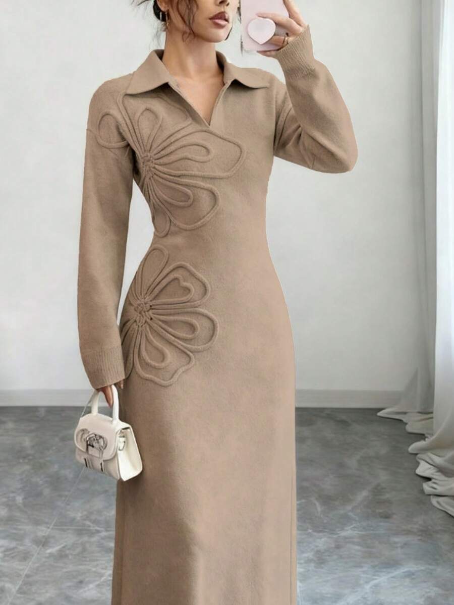 Women's Floral Print Long Sleeve Knitted Sweater Dress