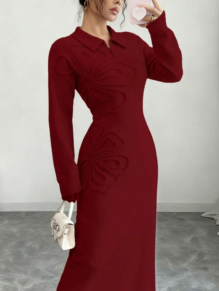 Women's Floral Print Long Sleeve Knitted Sweater Dress