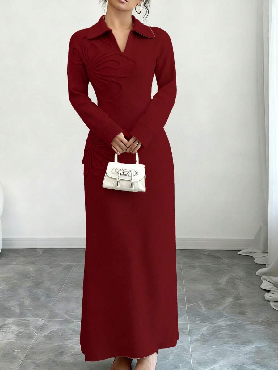 Women's Floral Print Long Sleeve Knitted Sweater Dress