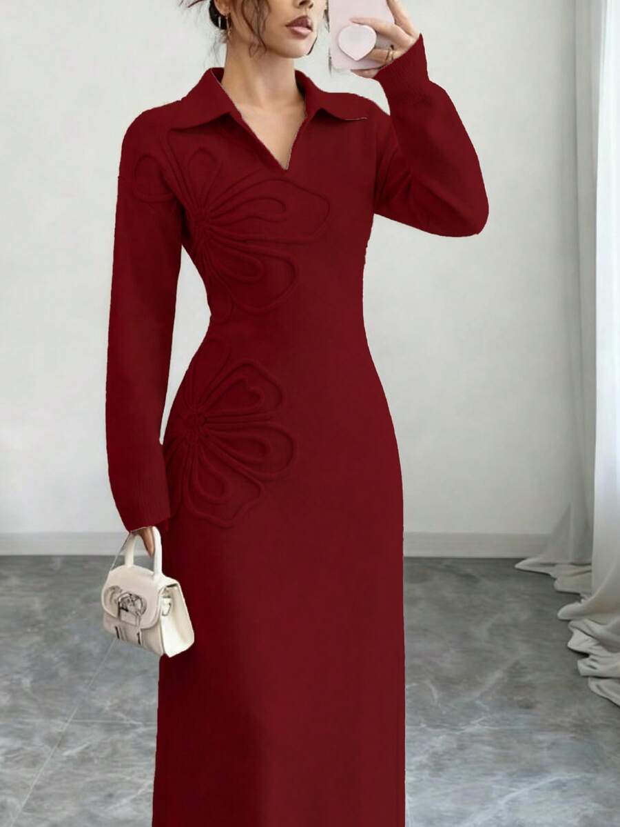 Women's Floral Print Long Sleeve Knitted Sweater Dress