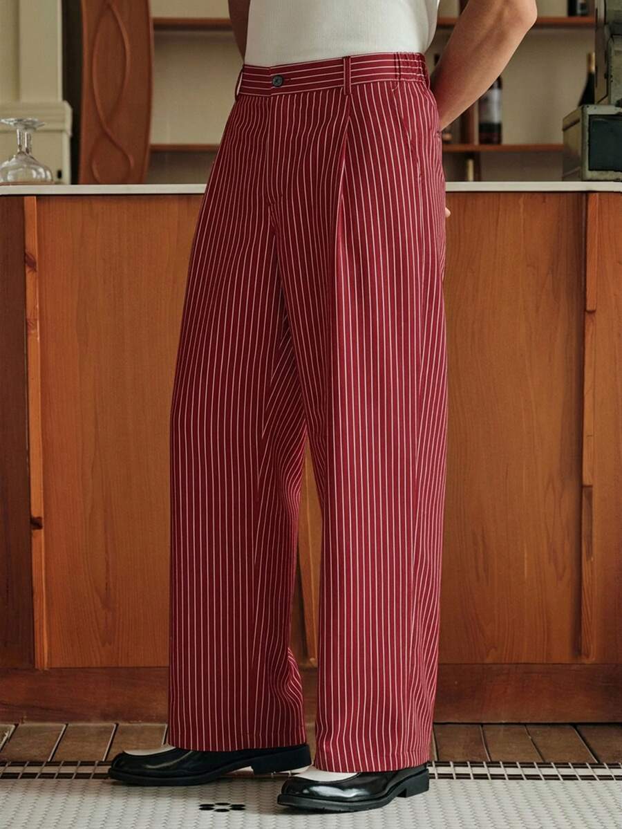 Men's Striped Print Fold Pleated Business Casual Dress Pants