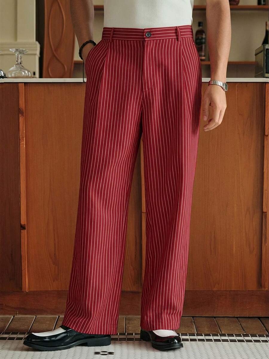 Men's Striped Print Fold Pleated Business Casual Dress Pants
