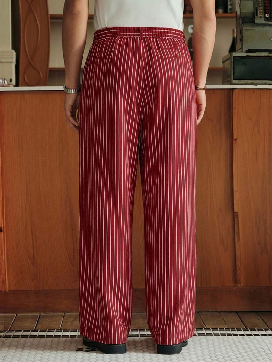 Men's Striped Print Fold Pleated Business Casual Dress Pants