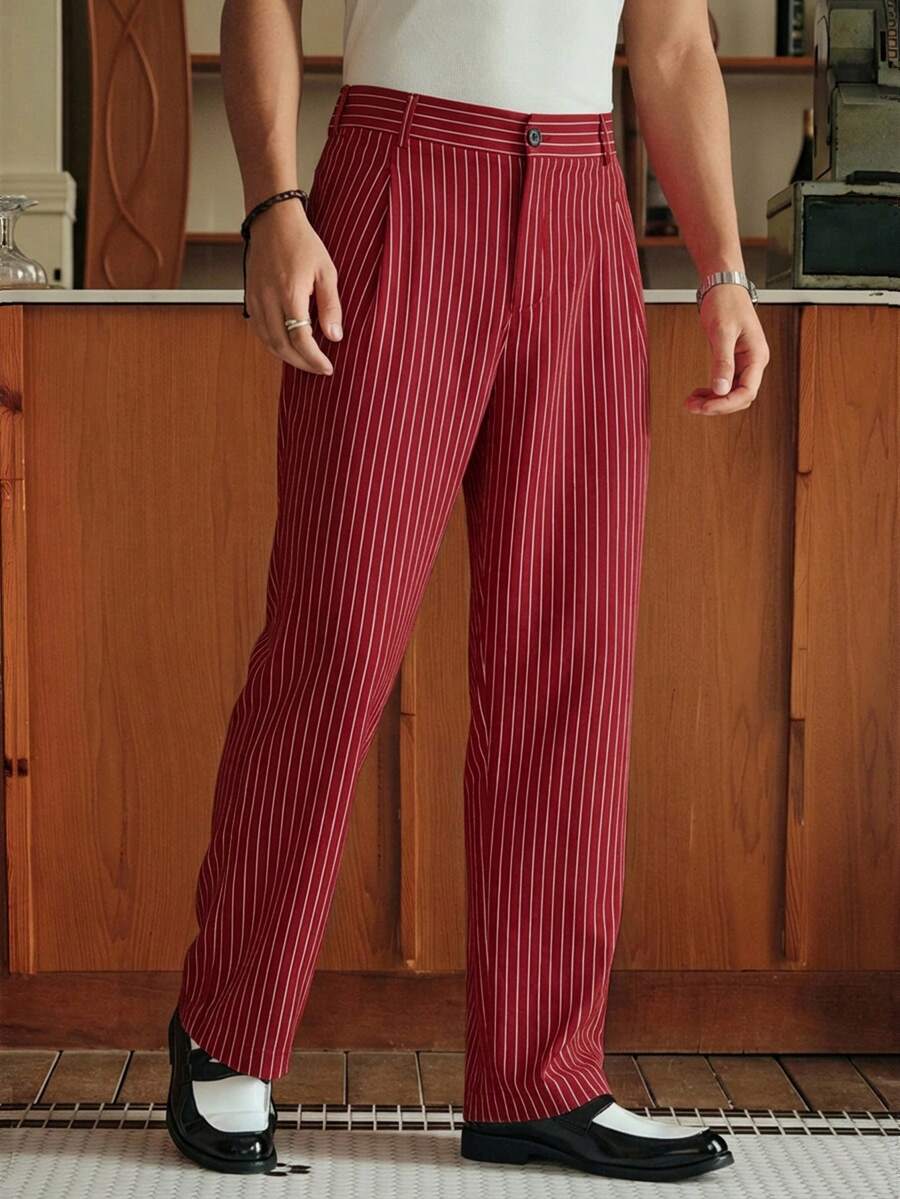Men's Striped Print Fold Pleated Business Casual Dress Pants