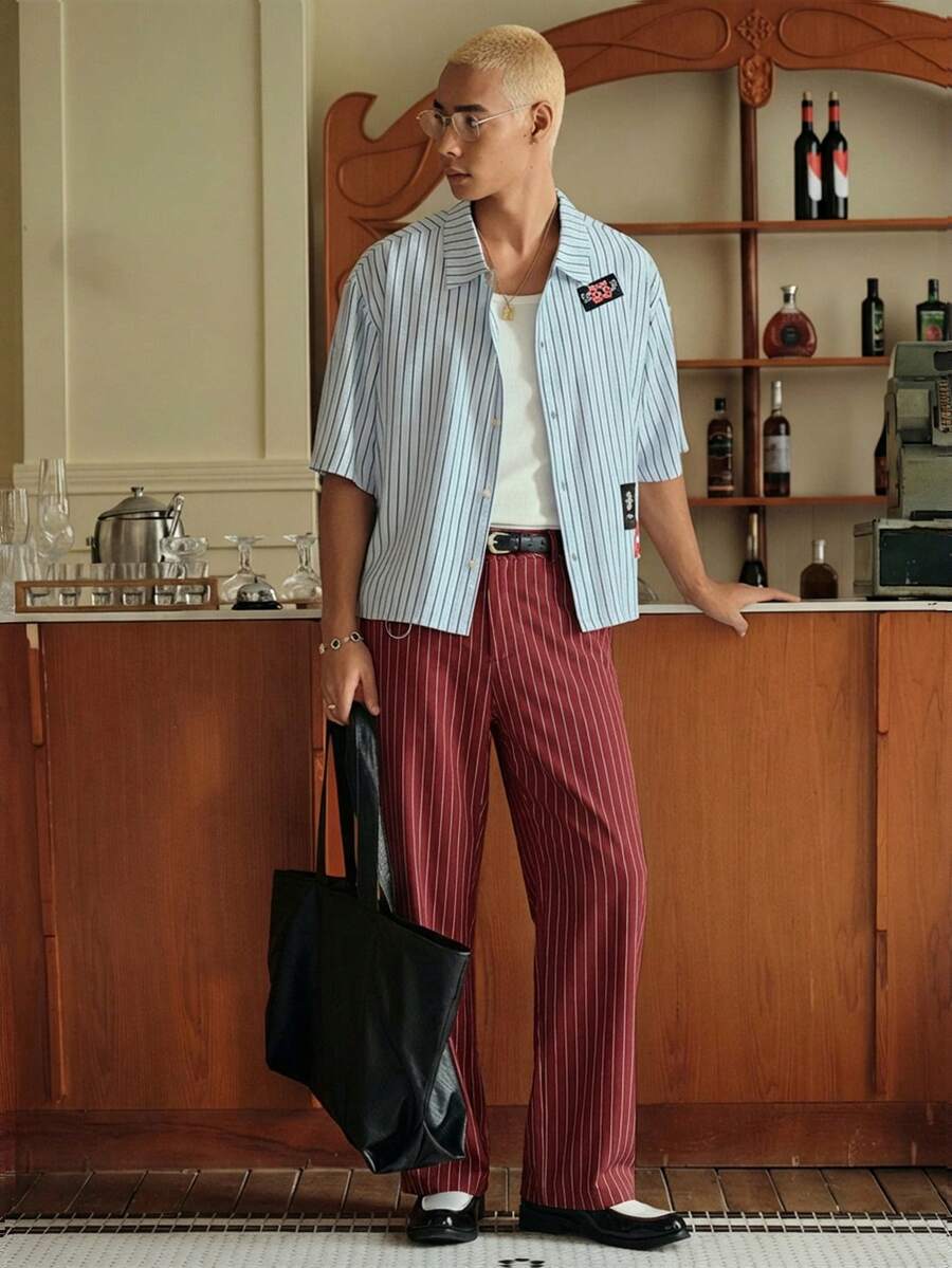 Men's Striped Print Fold Pleated Business Casual Dress Pants