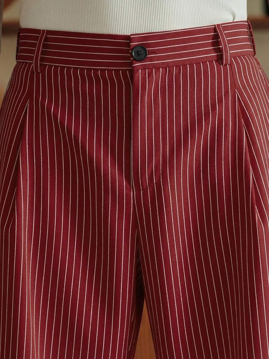 Men's Striped Print Fold Pleated Business Casual Dress Pants