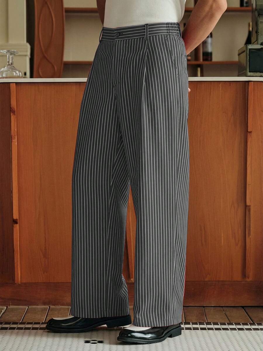Men's Striped Print Fold Pleated Business Casual Dress Pants